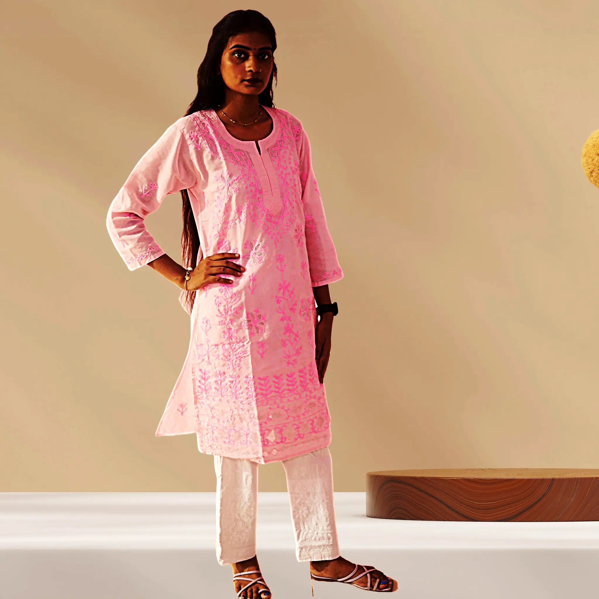 Chikan Cotton Kurti for Women with Net Embroidery Diwali Dress KurtiVerse