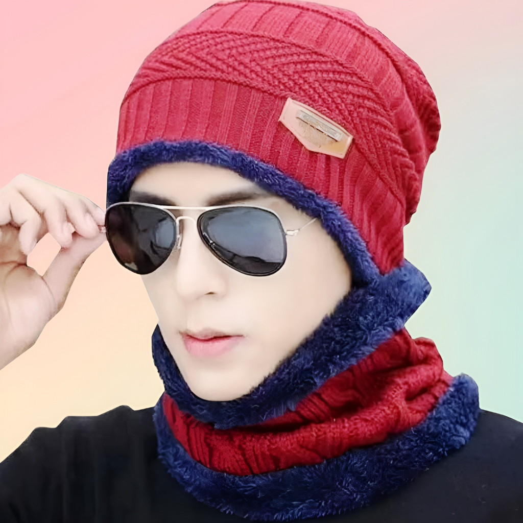 Red Winter Sports Cap & Muffler Set for Men & Women, Beanie Cap, 1 Set