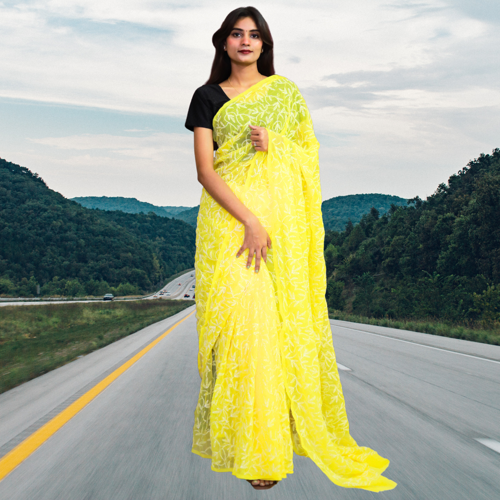 KURTIVERSE Women Chikankari Hand Embroidery Saree Blouse, Yellow
