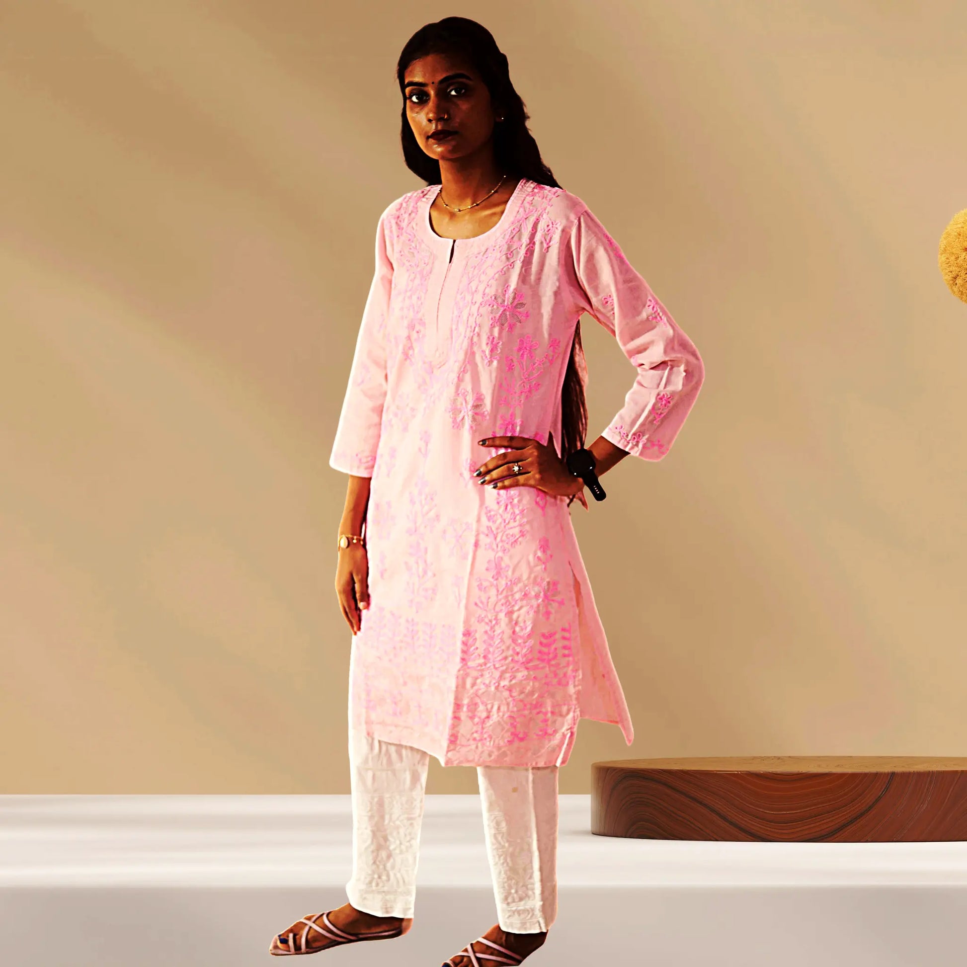 Chikan Cotton Kurti for Women with Net Embroidery Diwali Dress KurtiVerse