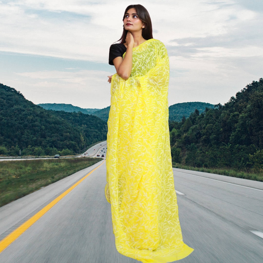 KURTIVERSE Women Chikankari Hand Embroidery Saree Blouse, Yellow