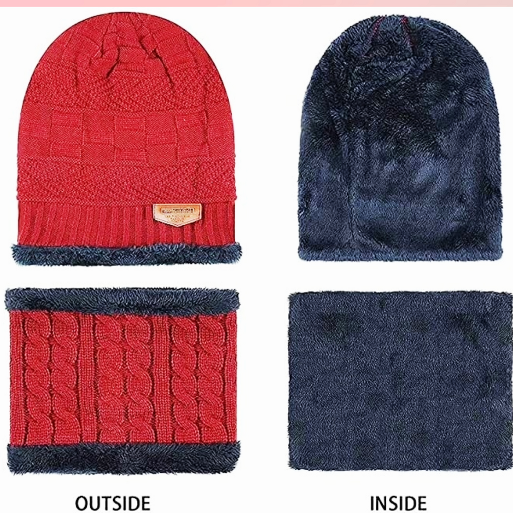 Red Winter Sports Cap & Muffler Set for Men & Women, Beanie Cap, 1 Set