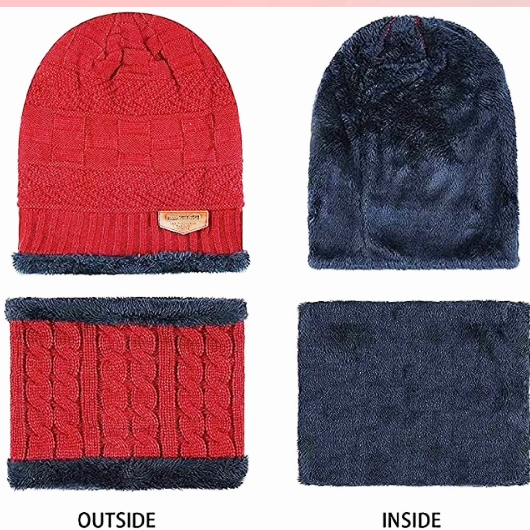Red Winter Sports Cap & Muffler Set for Men & Women, Beanie Cap, 1 Set