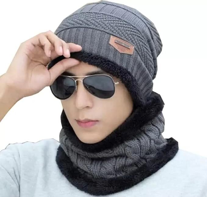 KURTIVERSE Grey & Blue Woolen Cap Neck Warmer Set Combo Pack Of 2