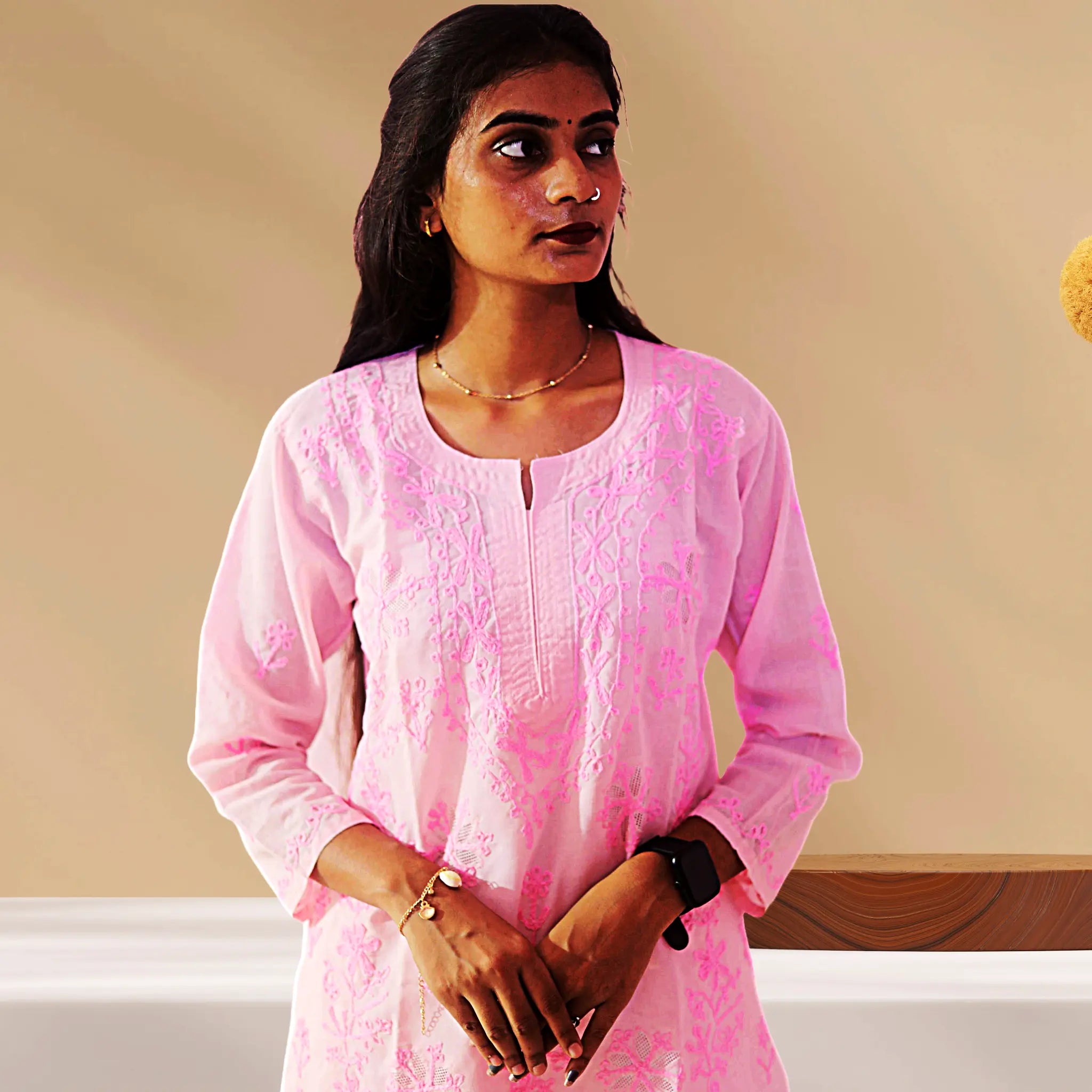 Chikan Cotton Kurti for Women with Net Embroidery Diwali Dress KurtiVerse