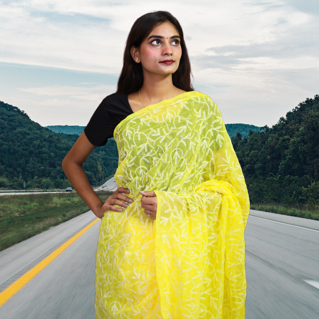 KURTIVERSE Women Chikankari Hand Embroidery Saree Blouse, Yellow