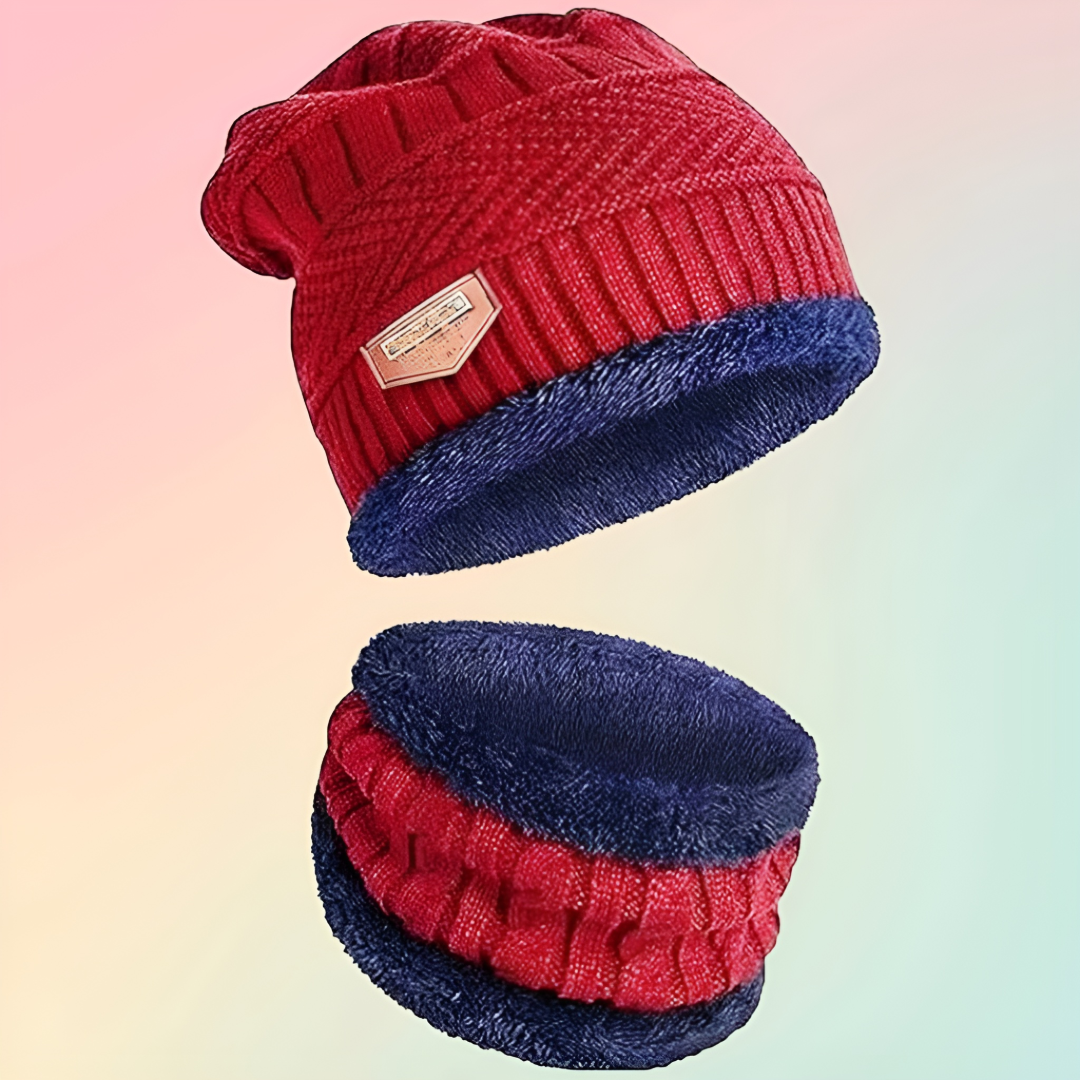 Red Winter Sports Cap & Muffler Set for Men & Women, Beanie Cap, 1 Set