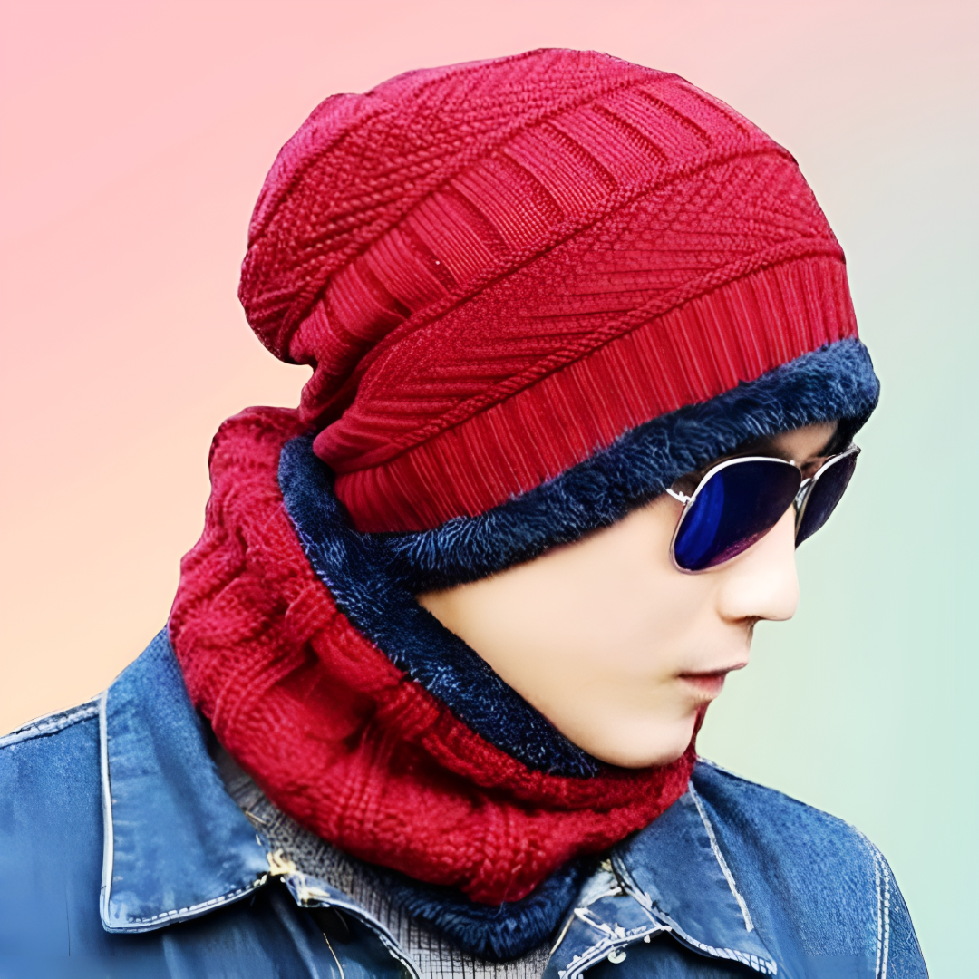 Red Winter Sports Cap & Muffler Set for Men & Women, Beanie Cap, 1 Set