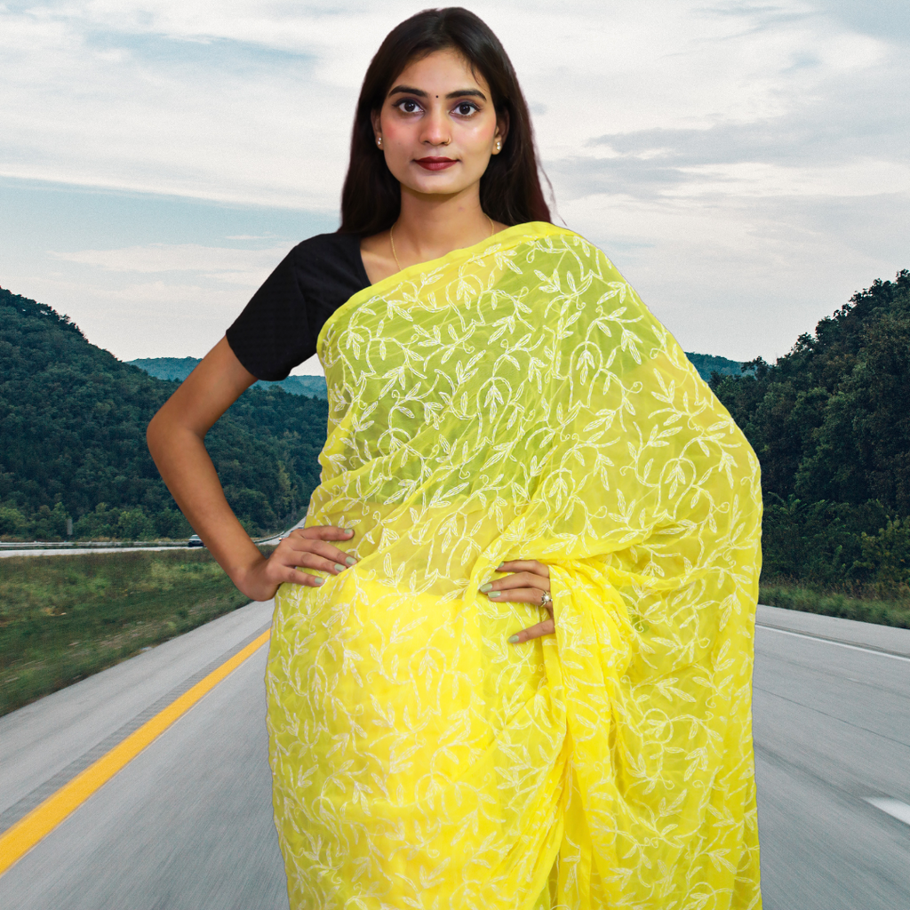 KURTIVERSE Women Chikankari Hand Embroidery Saree Blouse, Yellow