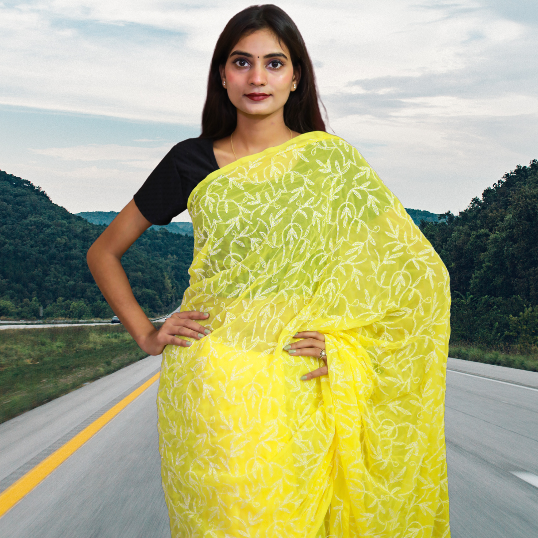 KURTIVERSE Women Chikankari Hand Embroidery Saree Blouse, Yellow