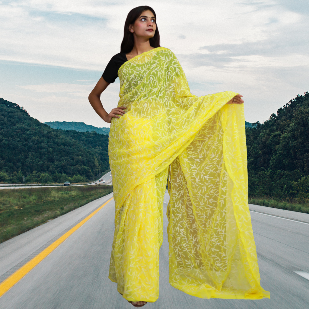 KURTIVERSE Women Chikankari Hand Embroidery Saree Blouse, Yellow