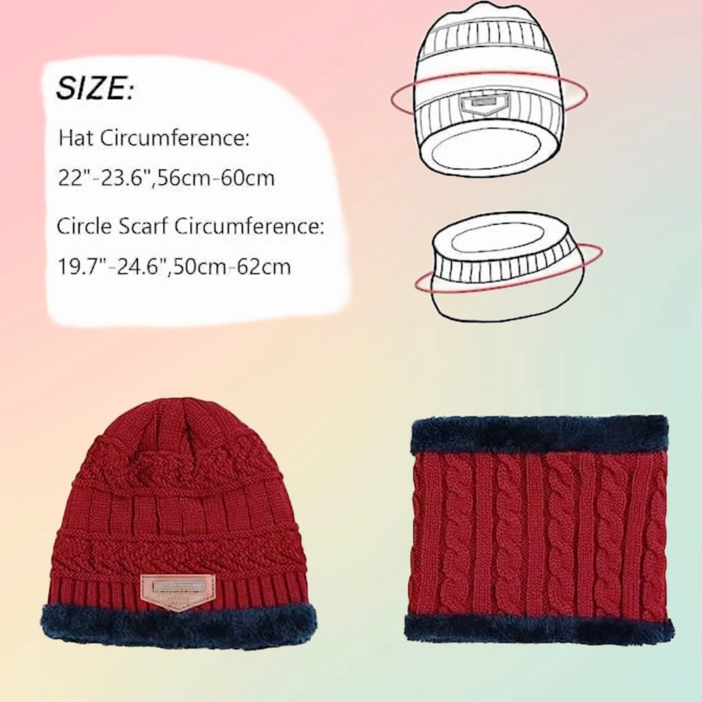 Red Winter Sports Cap & Muffler Set for Men & Women, Beanie Cap, 1 Set