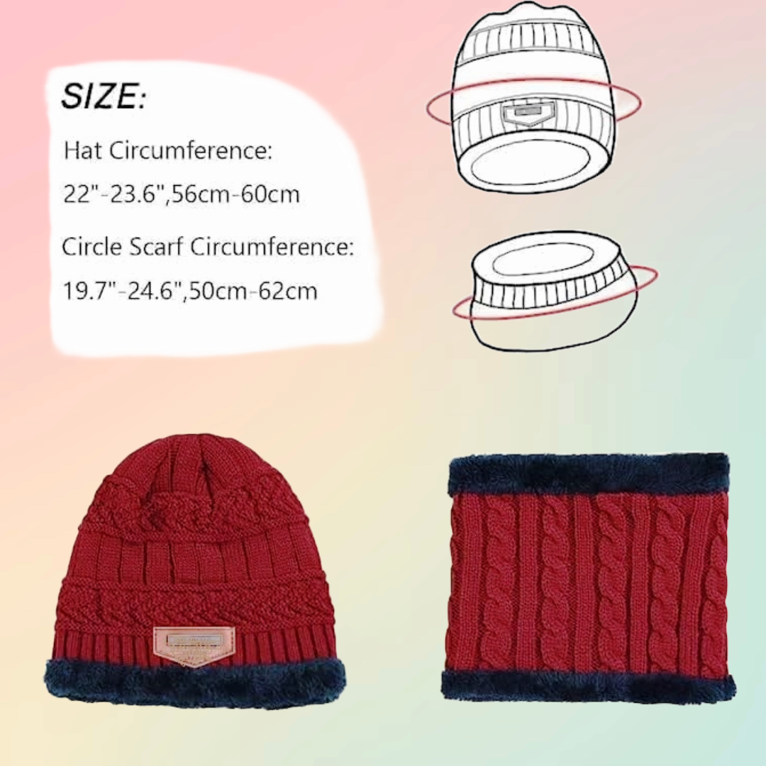 Red Winter Sports Cap & Muffler Set for Men & Women, Beanie Cap, 1 Set