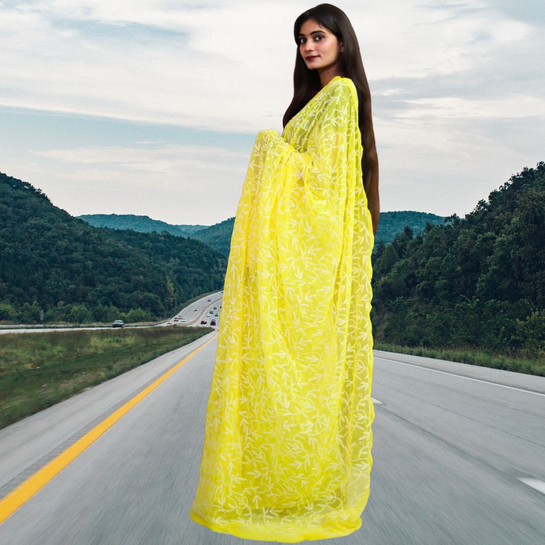 KURTIVERSE Women Chikankari Hand Embroidery Saree Blouse, Yellow