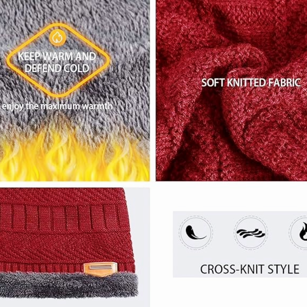 Red Winter Sports Cap & Muffler Set for Men & Women, Beanie Cap, 1 Set