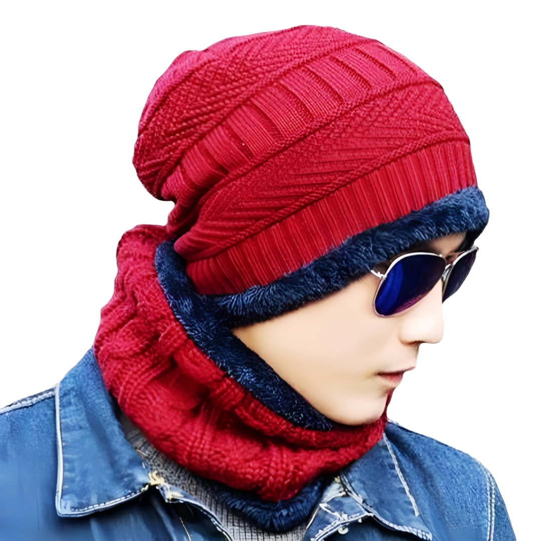 Red Winter Sports Cap & Muffler Set for Men & Women, Beanie Cap, 1 Set