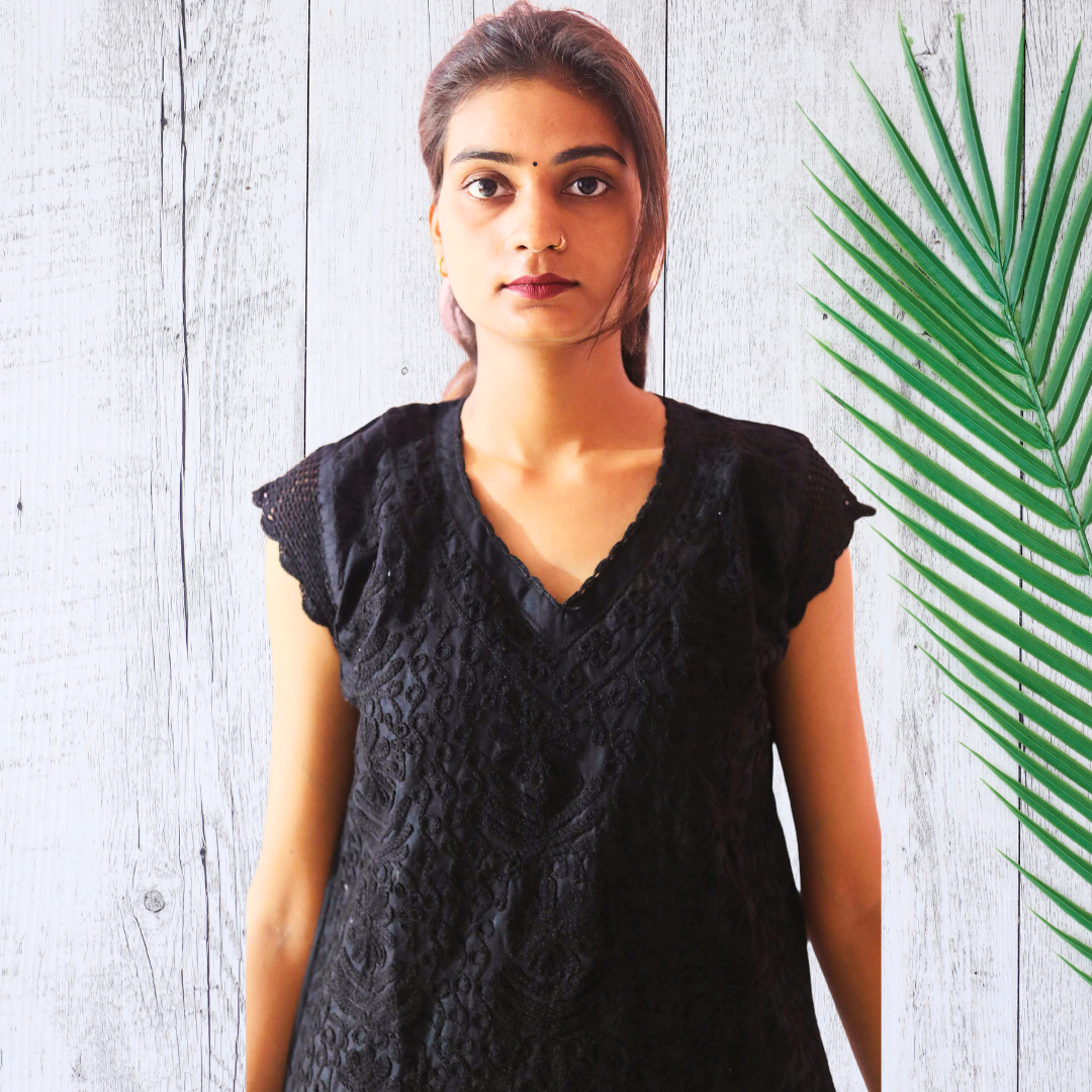 KurtiVerse Short Sleeve Cotton Chikan Embroidery Kurti for Women Black
