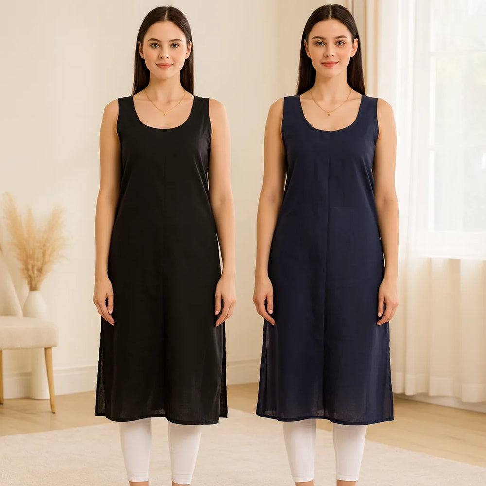 KURTIVERSE Women’s Poly Cotton Long Inner Slip Combo Pack of 2 with Side Slit | Navy Blue & Black