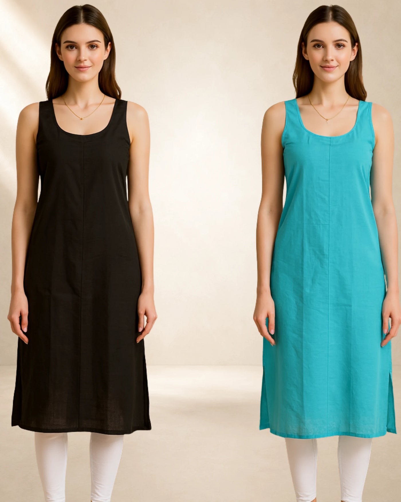 KURTIVERSE Women’s Poly Cotton Long Inner Slip Combo Pack of 2 with Side Slit | Ocean Blue & Black