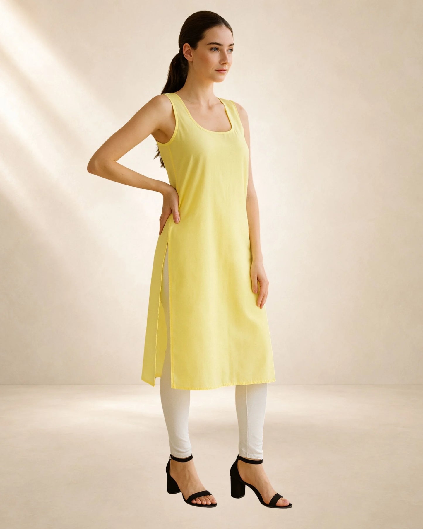 Women’s 41-Inch Long Inner Slip Combo – Fawn Yellow & White (Pack of 2)