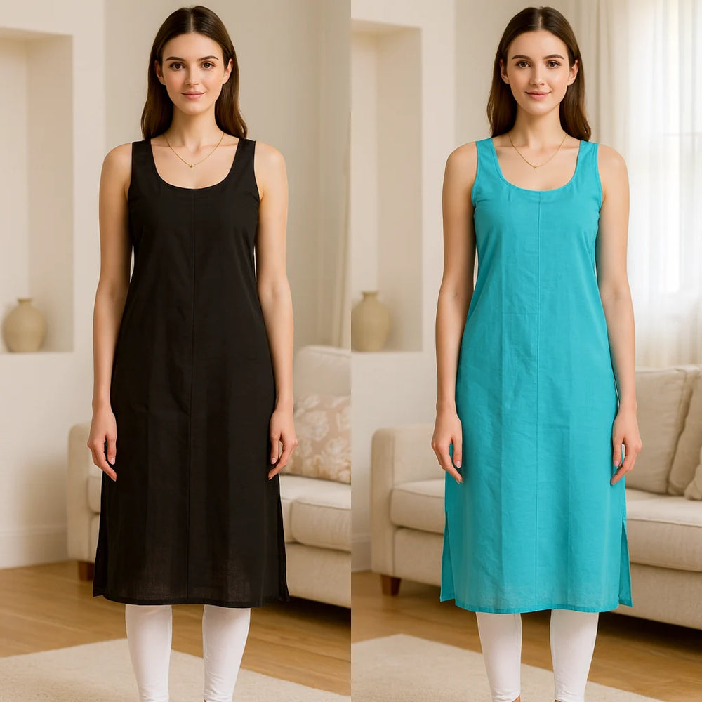 KURTIVERSE Women’s Poly Cotton Long Inner Slip Combo Pack of 2 with Side Slit | Ocean Blue & Black