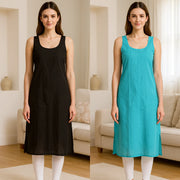 KURTIVERSE Women’s Poly Cotton Long Inner Slip Combo Pack of 2 with Side Slit | Ocean Blue & Black