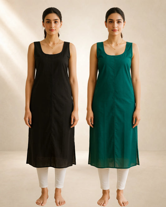 KURTIVERSE Women’s Poly Cotton Long Inner Slip Combo Pack of 2 with Side Slit | Bottle Green & Black