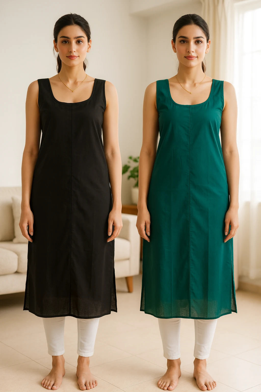KURTIVERSE Women’s Poly Cotton Long Inner Slip Combo Pack of 2 with Side Slit | Bottle Green & Black