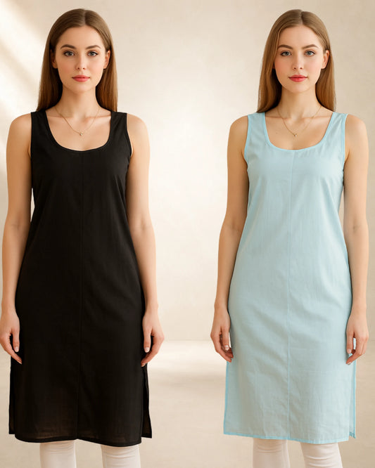 KURTIVERSE Women’s Poly Cotton Long Inner Slip Combo Pack of 2 with Side Slit | Sky Blue & Black