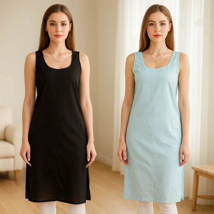 KURTIVERSE Women’s Poly Cotton Long Inner Slip Combo Pack of 2 with Side Slit | Sky Blue & Black