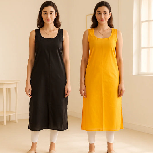 KURTIVERSE Women’s Poly Cotton Long Inner Slip Combo Pack of 2 with Side Slit | Mustard Yellow & Black