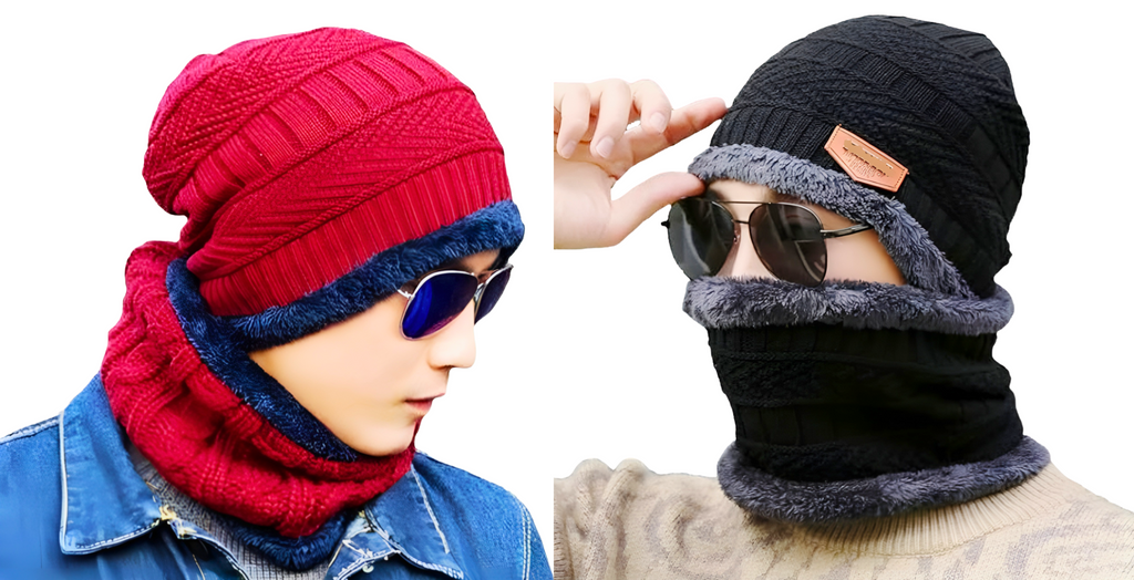 KURTIVERSE Red & Black  Woolen Cap Neck Warmer Set Combo Pack Of 2