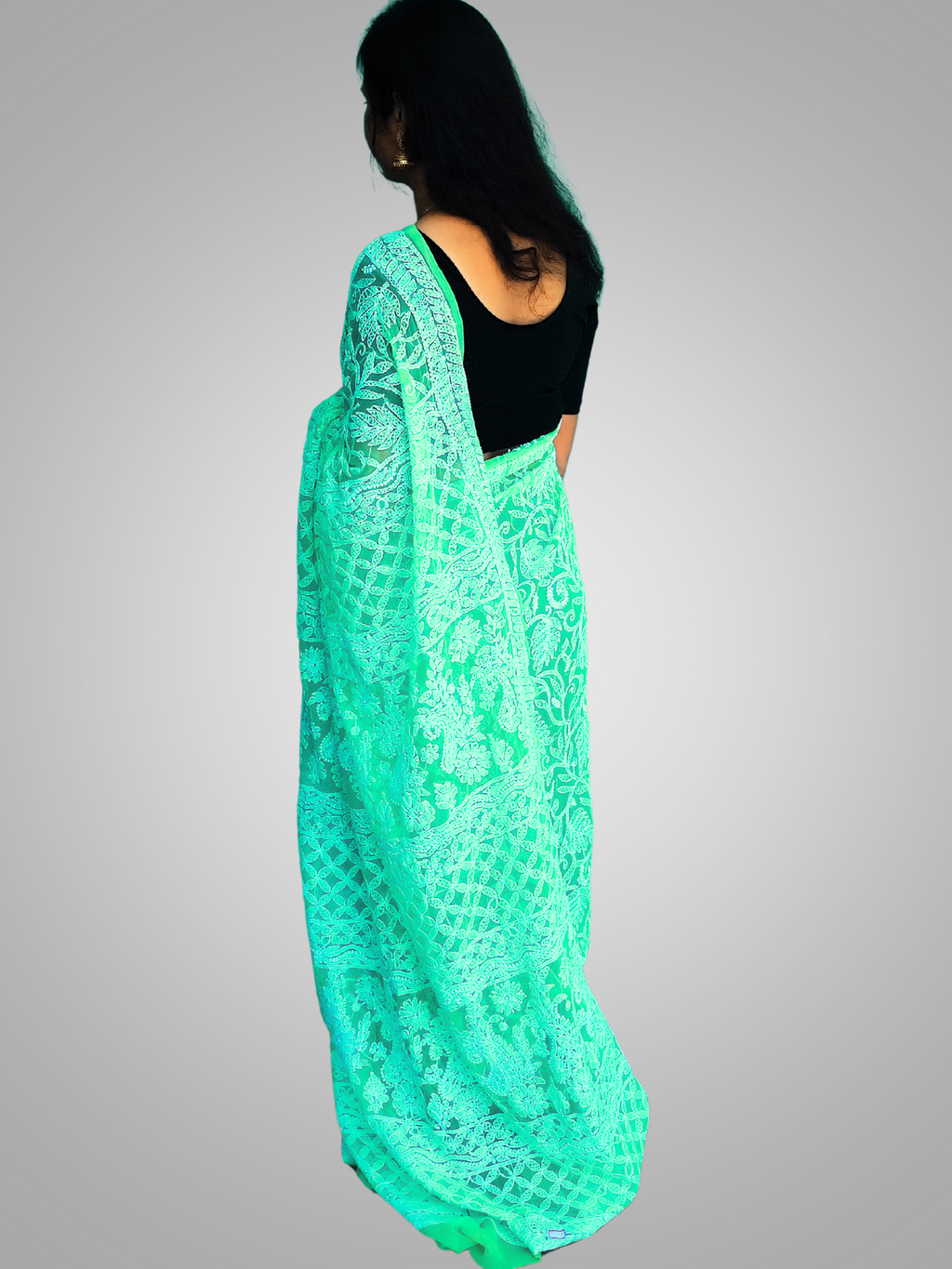 KURTIVERSE Chikan Hand Embroidered Georgette Saree with Blouse