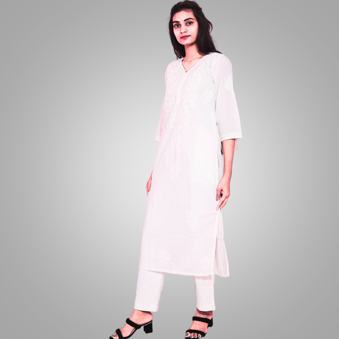 KURTIVERSE White Pure Cotton V Neck Kurti Women Chikankari Kurta