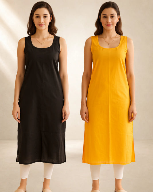 KURTIVERSE Women’s Poly Cotton Long Inner Slip Combo Pack of 2 with Side Slit | Mustard Yellow & Black