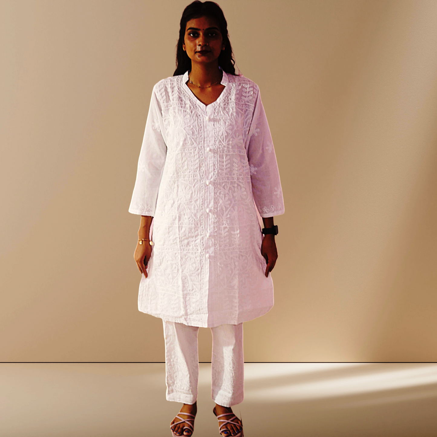 KurtiVerse White Button Cotton Kurti for Women