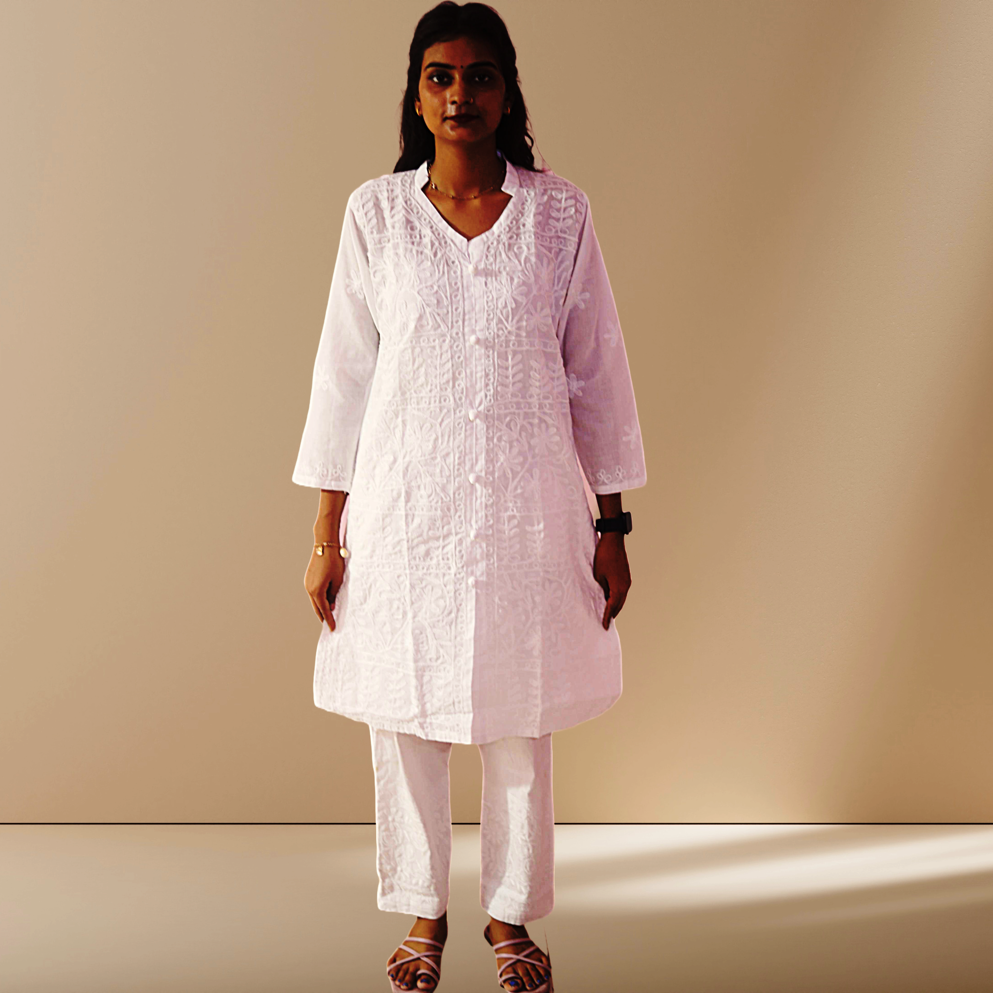 KurtiVerse White Button Cotton Kurti for Women