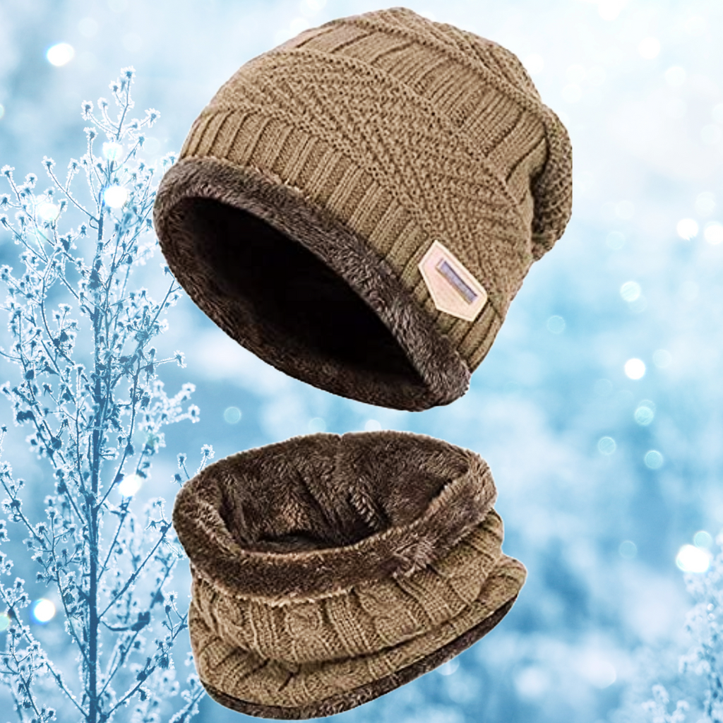 Brown Winter Beanie Cap and Muffler Set for Men and Women, 1 Set, 2 Pieces in One Pack