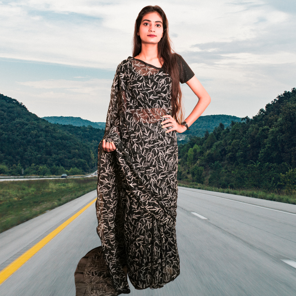 KURTIVERSE Women Chikankari Hand Embroidery Saree Blouse, Black