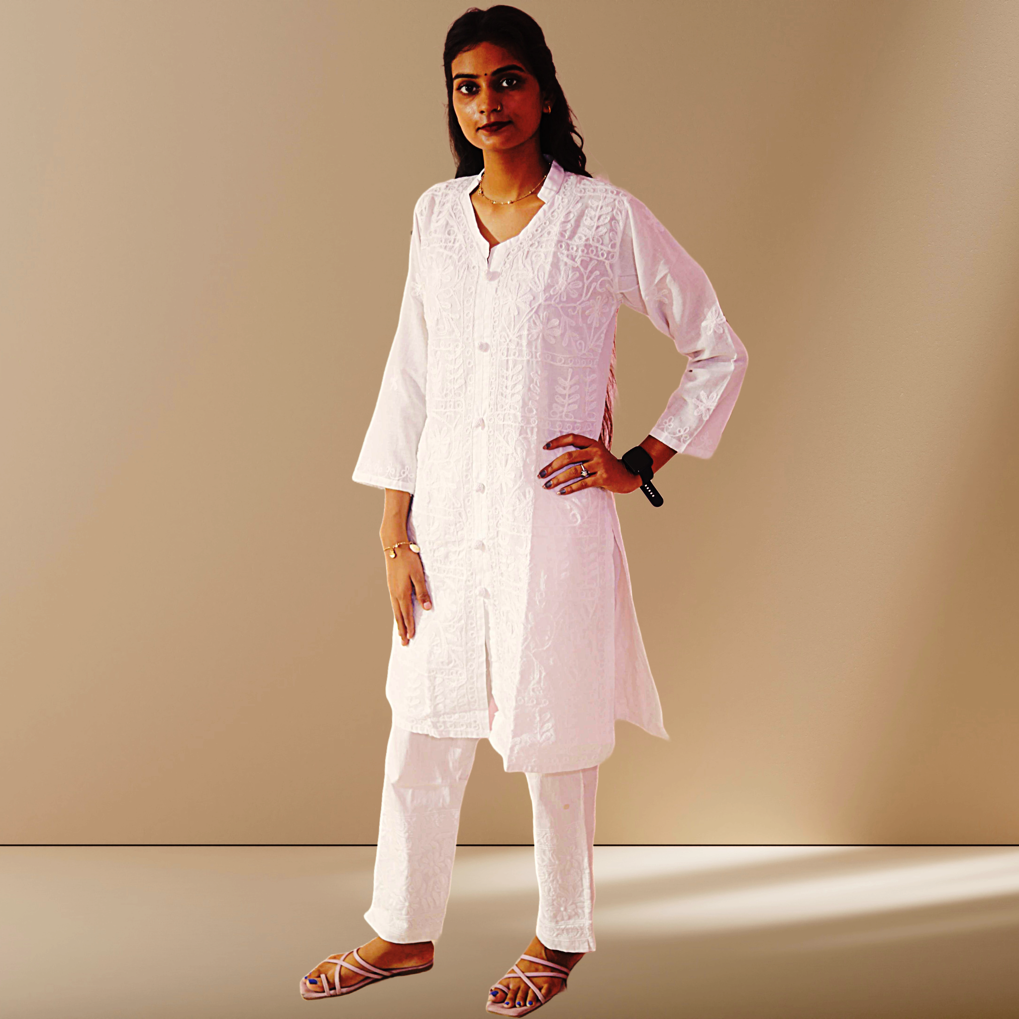 KurtiVerse White Button Cotton Kurti for Women