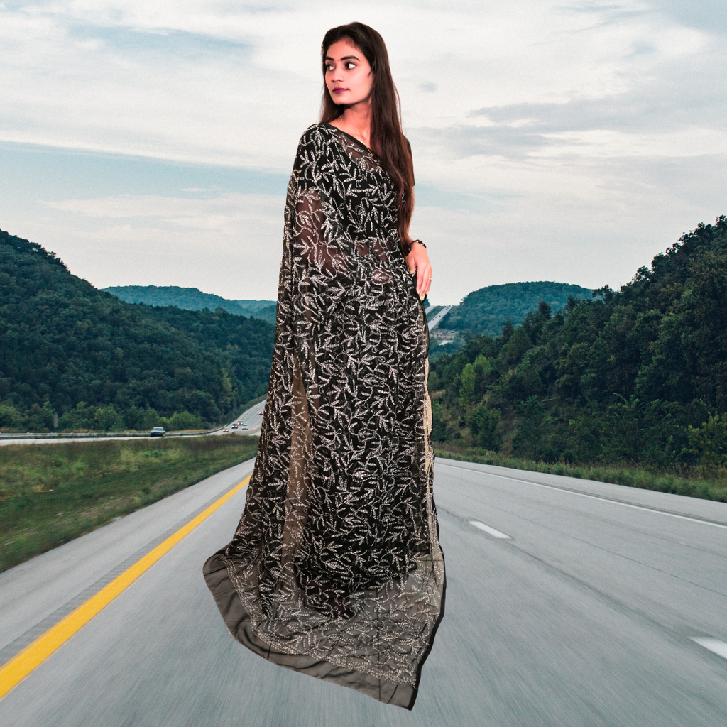 KURTIVERSE Women Chikankari Hand Embroidery Saree Blouse, Black