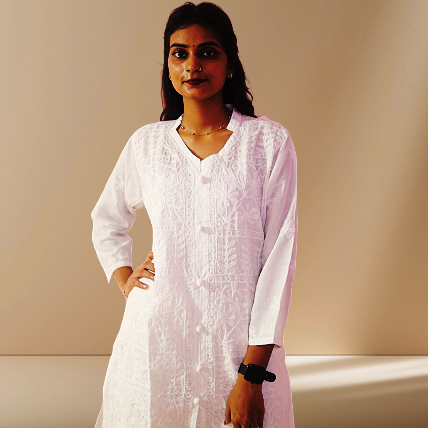 KurtiVerse White Button Cotton Kurti for Women