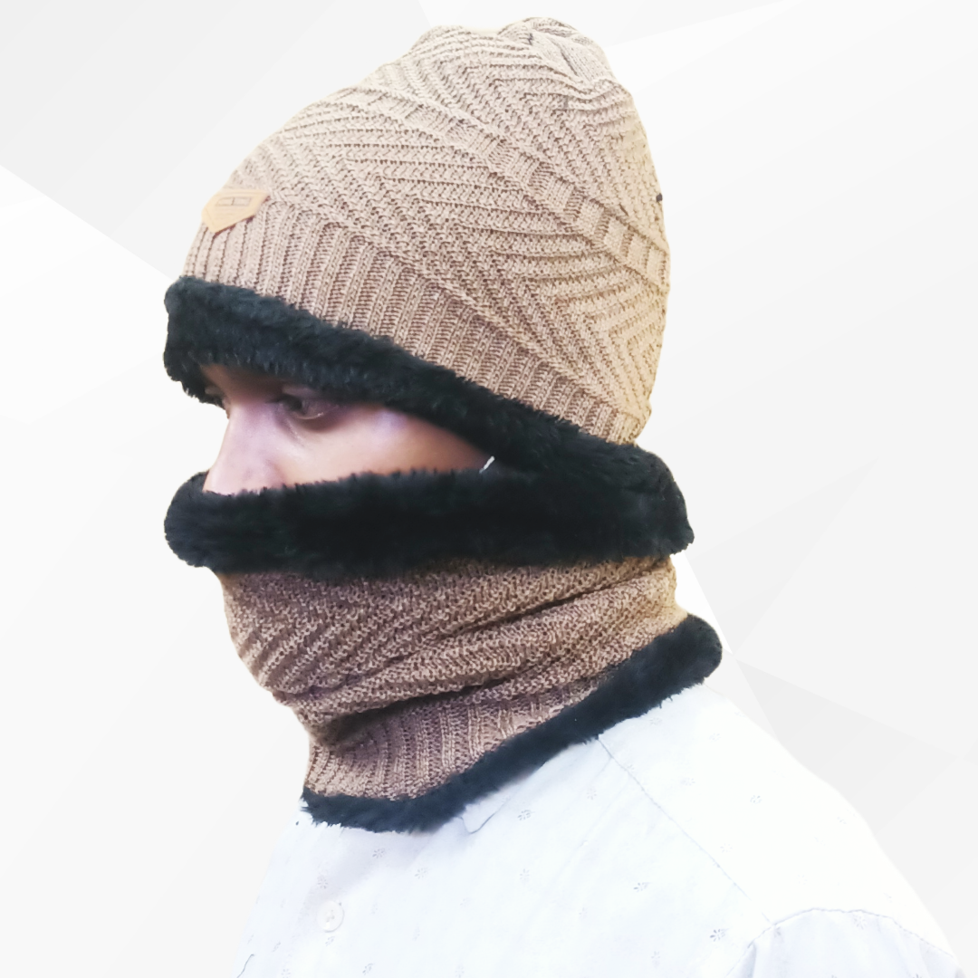 Brown Winter Beanie Cap and Muffler Set for Men and Women, 1 Set, 2 Pieces in One Pack