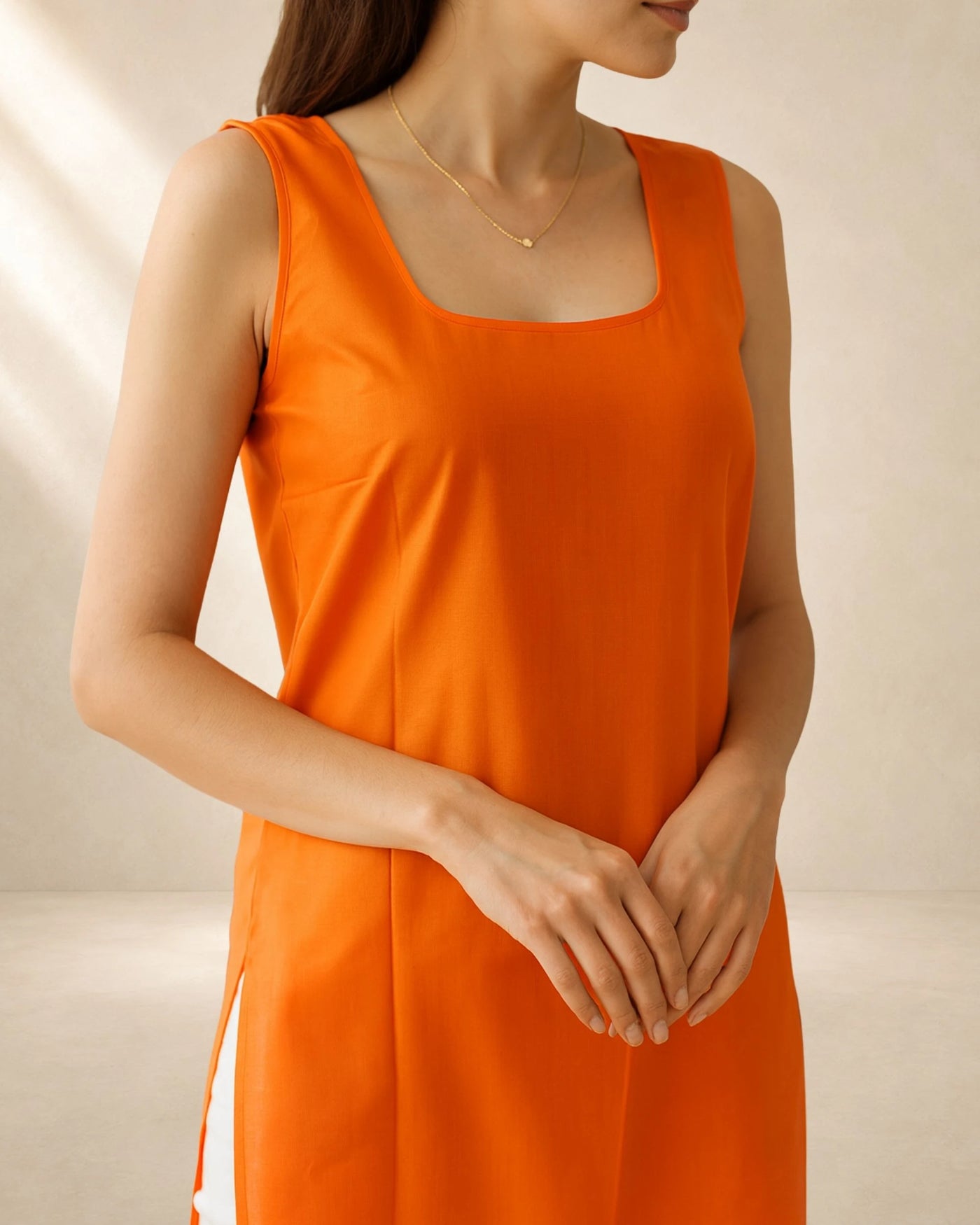 KURTIVERSE Women’s Poly Cotton Long Inner Slip Combo Pack of 2 with Side Slit | Orange & White