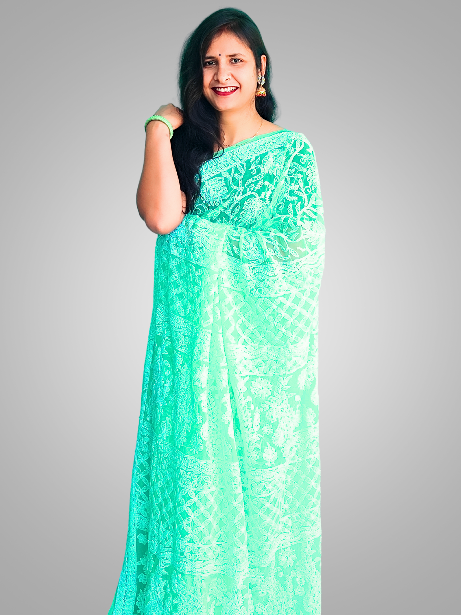 KURTIVERSE Chikan Hand Embroidered Georgette Saree with Blouse