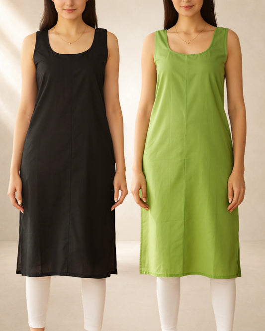 KURTIVERSE Women’s Poly Cotton Long Inner Slip Combo Pack of 2 with Side Slit | Green & Black