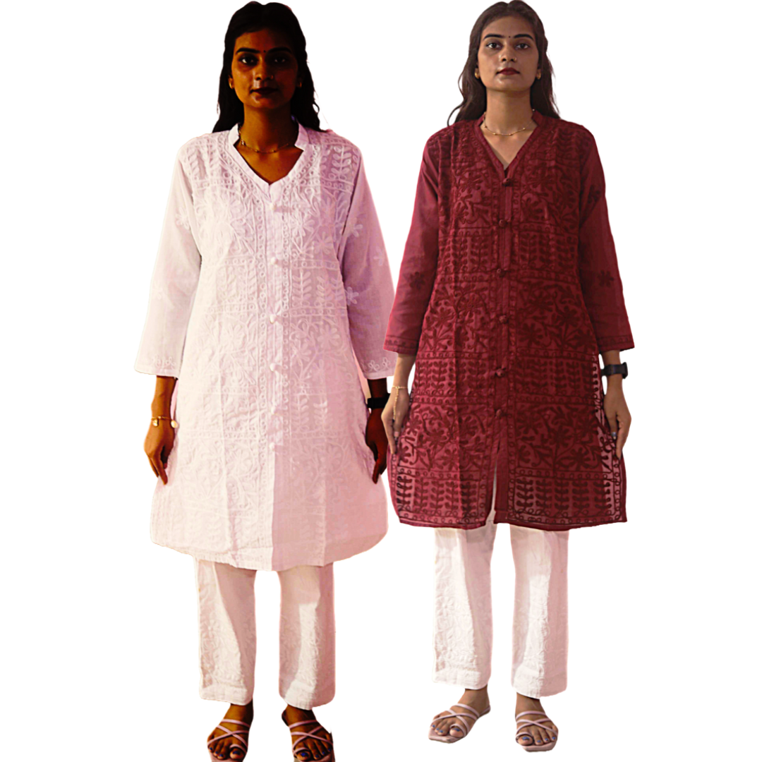 KurtiVerse White & Maroon Button Kurti Combo Pack Of 2