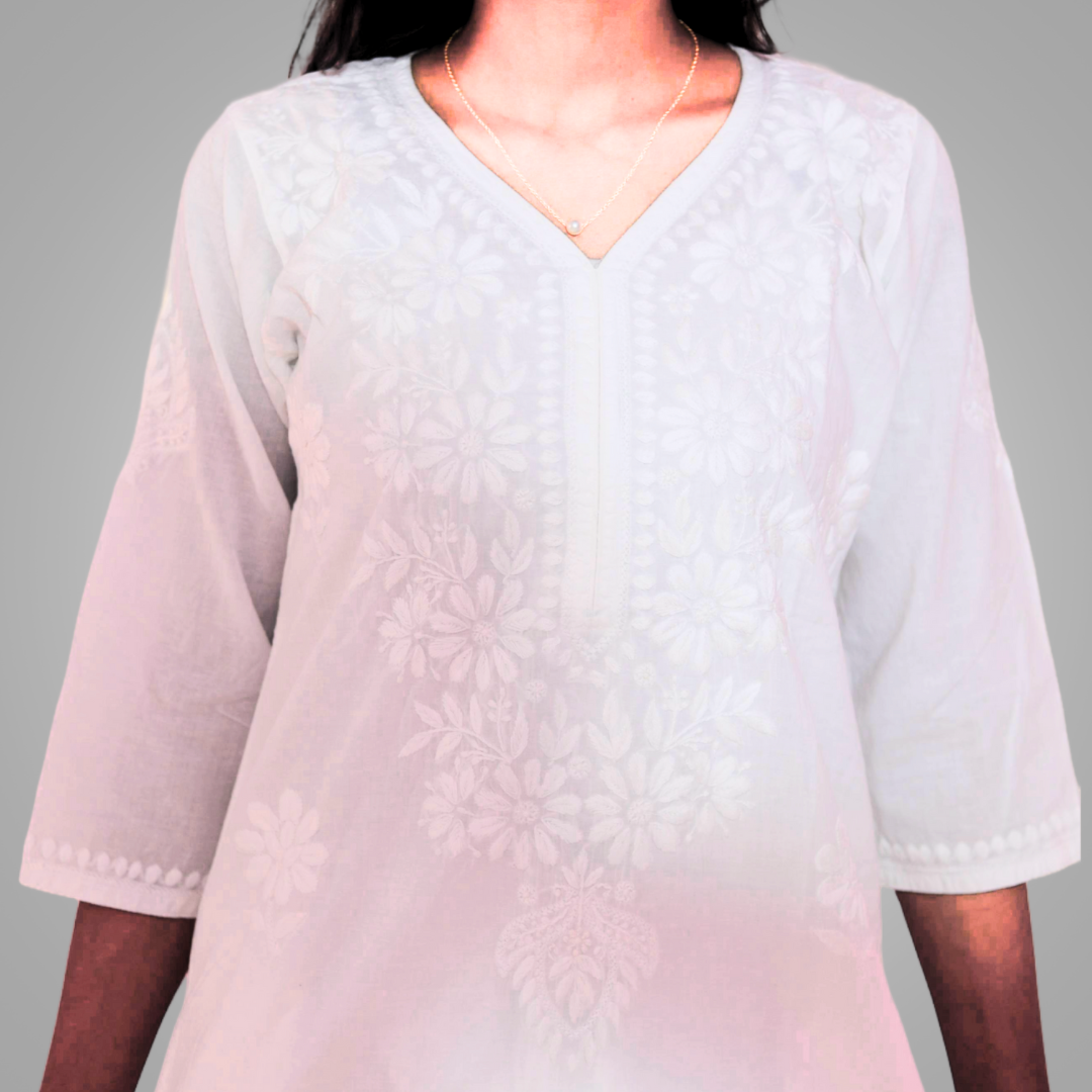KURTIVERSE White Pure Cotton V Neck Kurti Women Chikankari Kurta