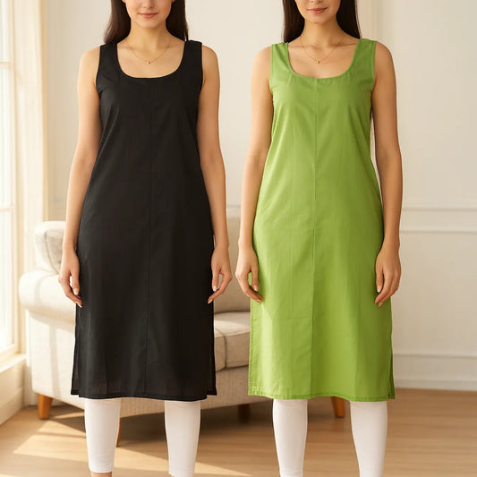 KURTIVERSE Women’s Poly Cotton Long Inner Slip Combo Pack of 2 with Side Slit | Green & Black