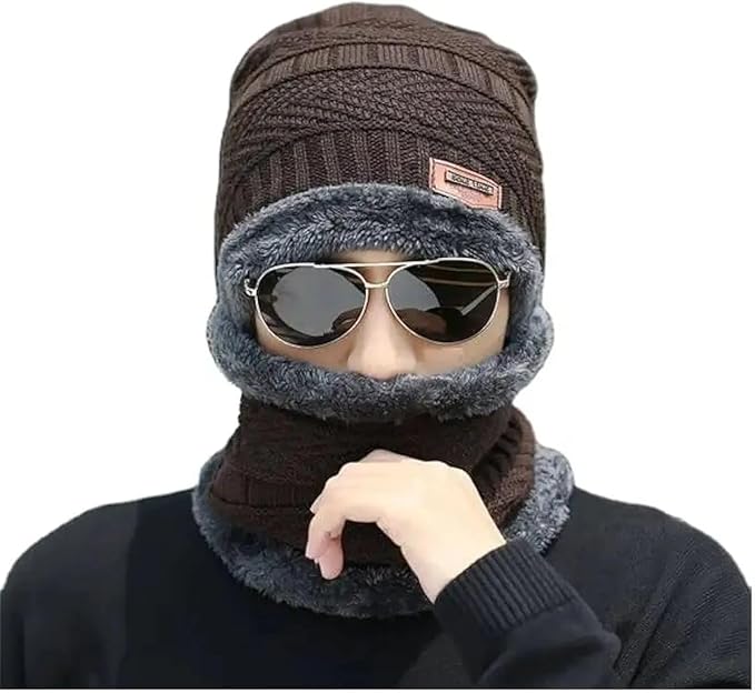 KURTIVERSE Grey & Dark Brown Woolen Cap Neck Warmer Set Combo Pack Of 2